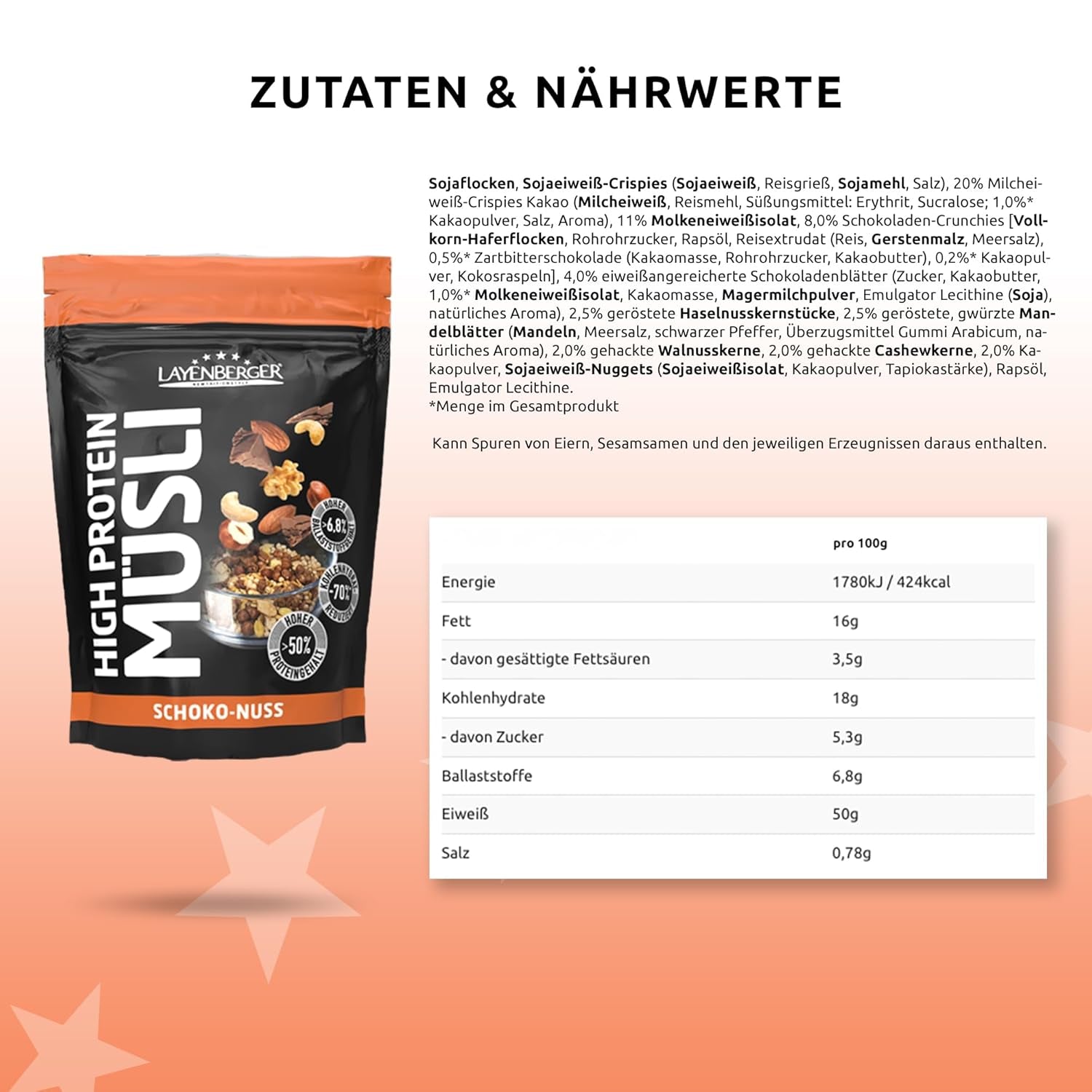 Layenberger 3K High Protein Müsli, 50% Eiweiß Und 18% Kohlenhydrate - Single Pack (1X 390 G) - Schoko-Nuss Cereale Naty Shop