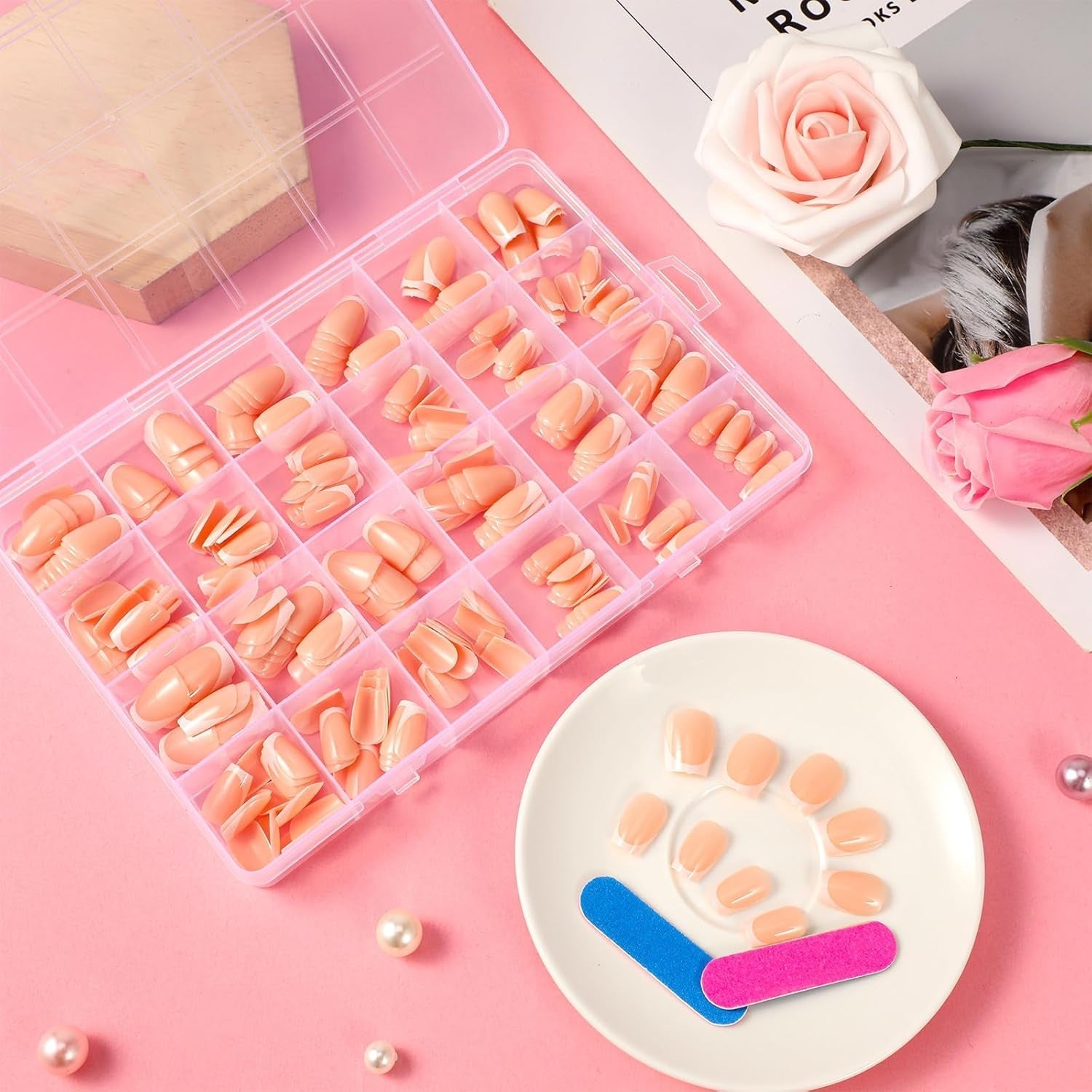 360 de bucăți unghii artificiale franceze unghii false dreptunghiulare medii cu pilă de unghii false sfaturi naturale DIY presare pe pentru doamne și femei