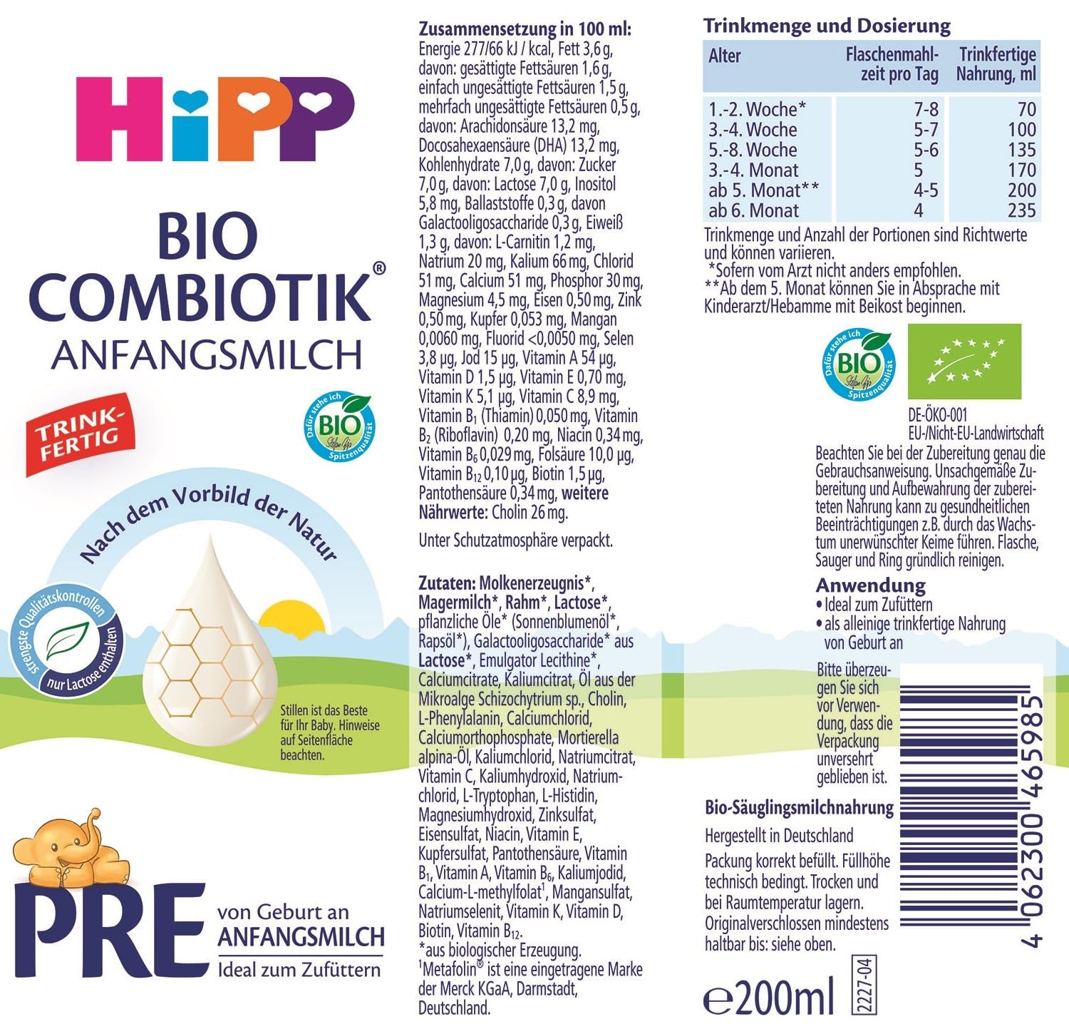 HiPP PRE Organic Combiotic Formula Ready to Drink (6 x 200ml) Infant Milk from Birth Only Contains Lactose as Carbohydrate Best Organic