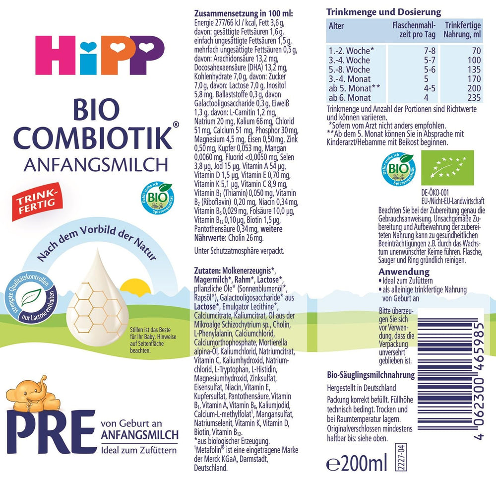 HiPP PRE Organic Combiotic Formula Ready to Drink (6 x 200ml) Infant Milk from Birth Only Contains Lactose as Carbohydrate Best Organic