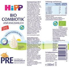 HiPP PRE Organic Combiotic Formula Ready to Drink (6 x 200ml) Infant Milk from Birth Only Contains Lactose as Carbohydrate Best Organic