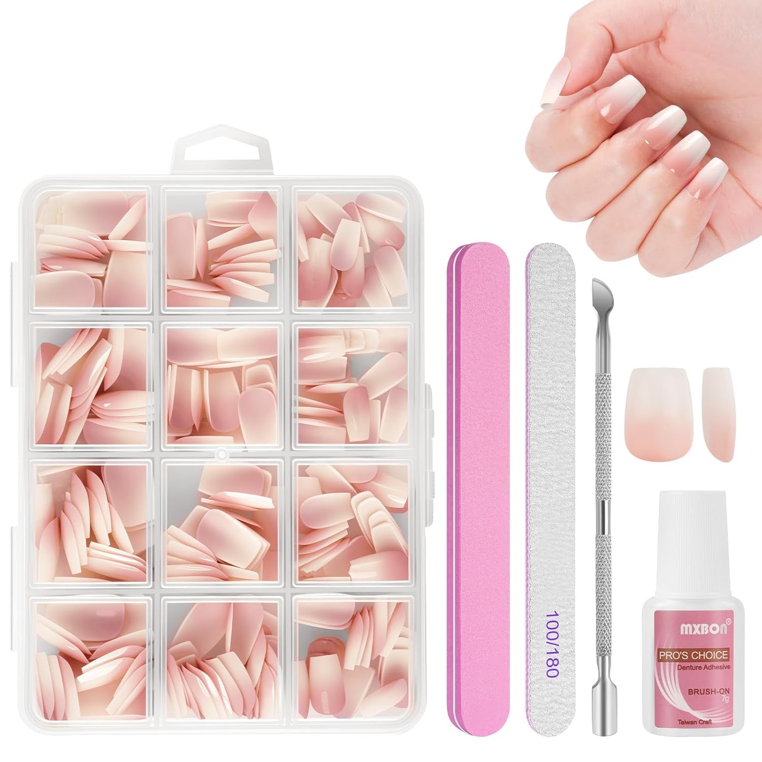 Set de 240 de vârfuri pentru unghii false, unghii false franțuzești pentru lipit, set de unghii franțuzești cu presă, 12 mărimi, unghii false cu lipici pentru femei și bărbați (alb nud mediu migdală)