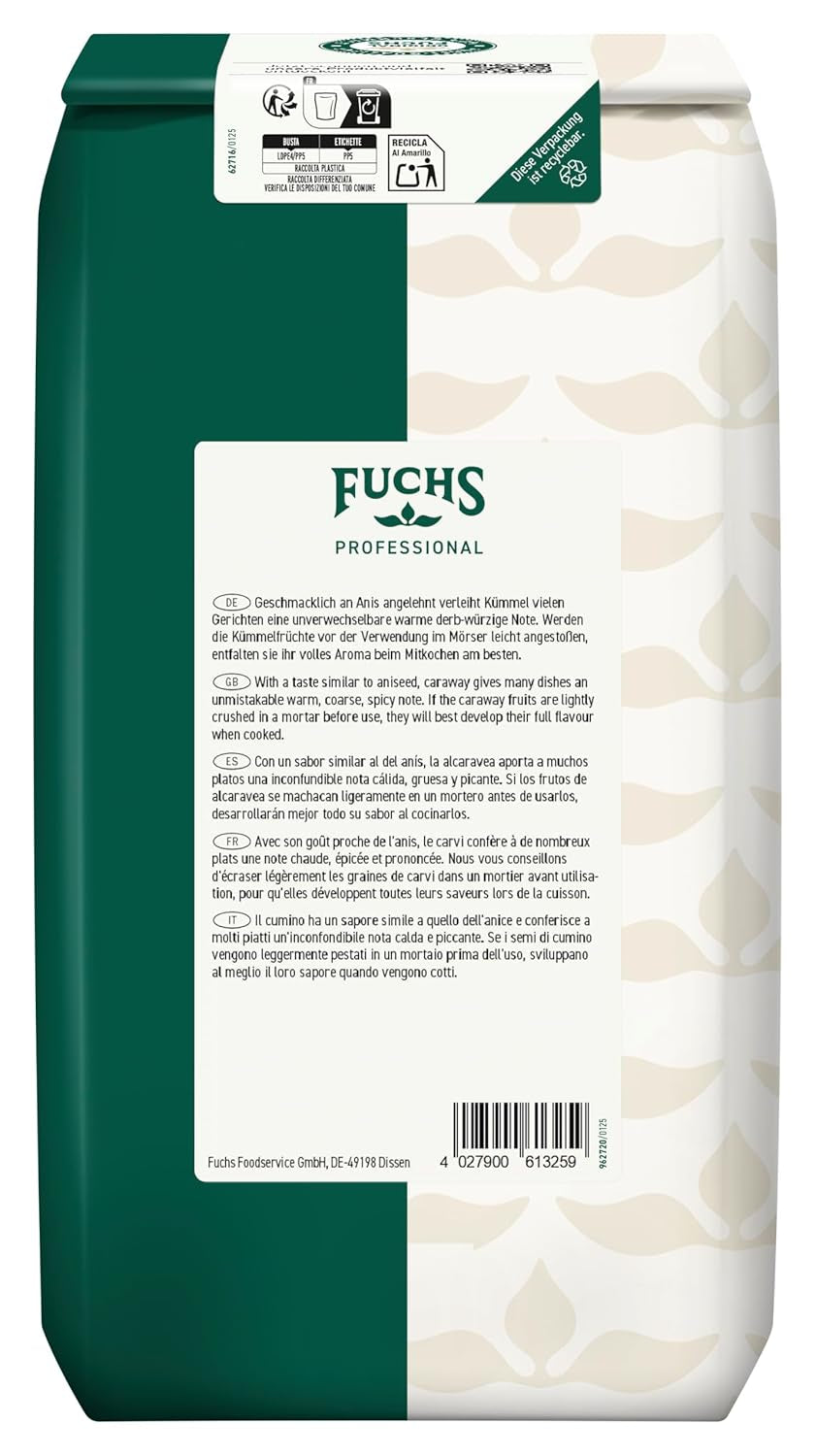 Fuchs Professional - Kümmel ganz | Ungemahlen, zum Würzen von Bratkartoffeln oder Krautgerichten | Profi-Qualität für Großverbraucher und Gastronomie | 1 kg im recyclable bag
