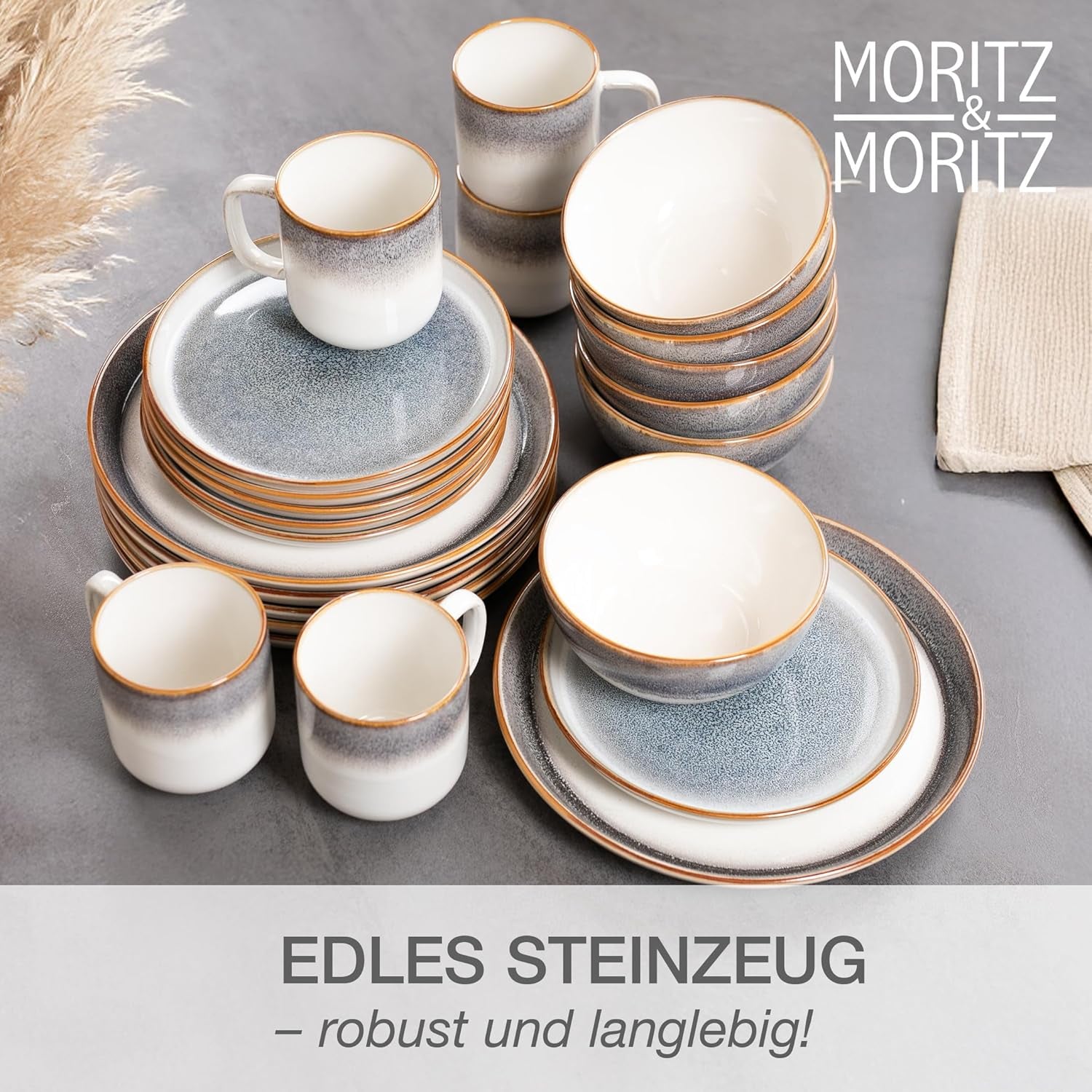 Set de veselă Moritz & Moritz TARENTO, 24 de piese, pentru 6 persoane, gri - Set elegant de farfurii din gresie de înaltă calitate - Setul de veselă include 6 farfurii de cină, 6 farfurii de desert, 6 farfurii de sumă și 6 cești