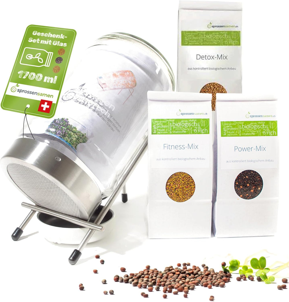 Germination jar set 3100 ml with gift set - Organic Fitness Mix, Power Mix and Detox Mix, 75 g each - Germination jar - incl. jar lid, stand and strainer