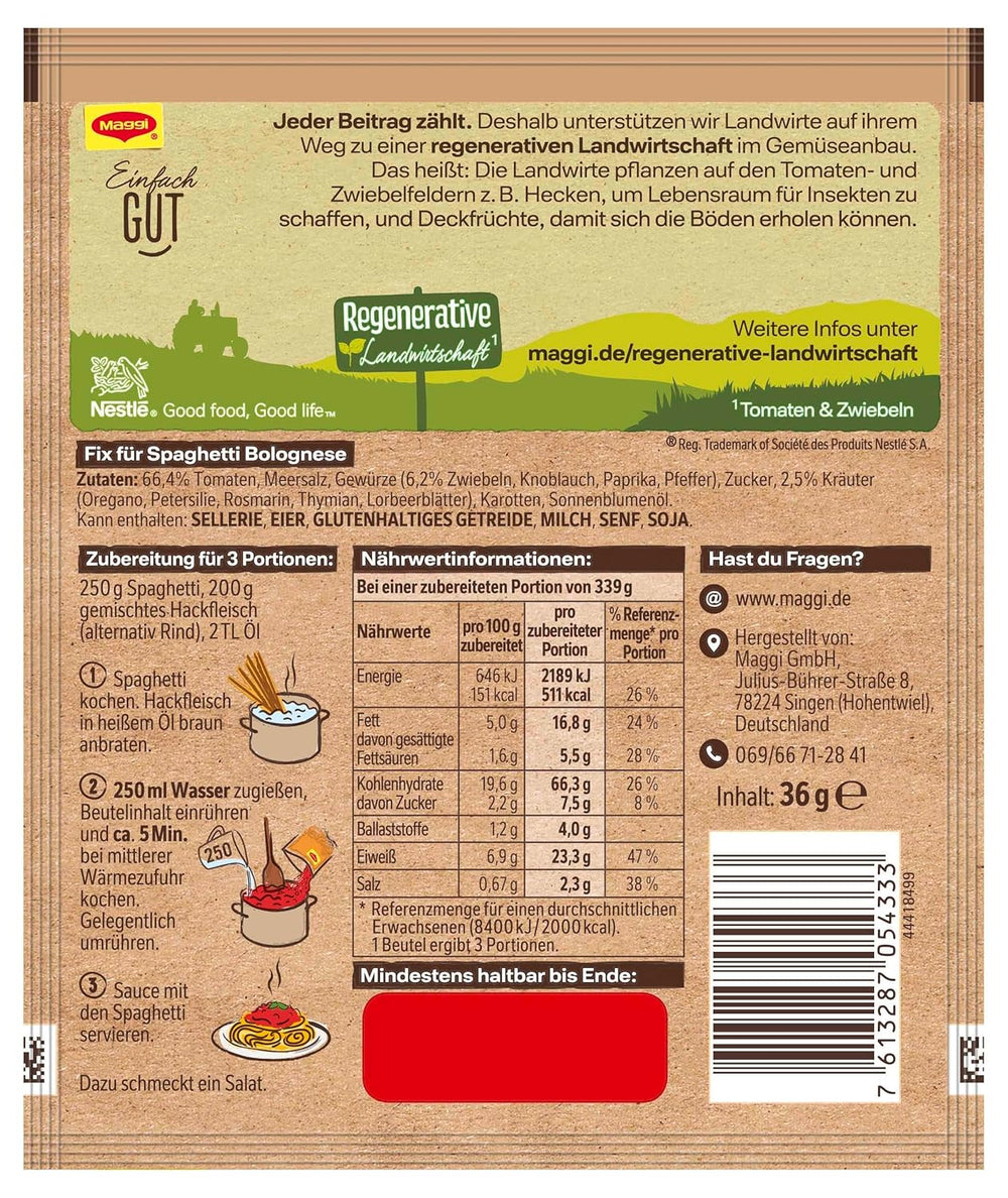 MAGGI Fix for Spaghetti Bolognese, Würzmischung, 100% natural ingredients, for 3 Portionen, 1er Pack (1 x 36g Packung)