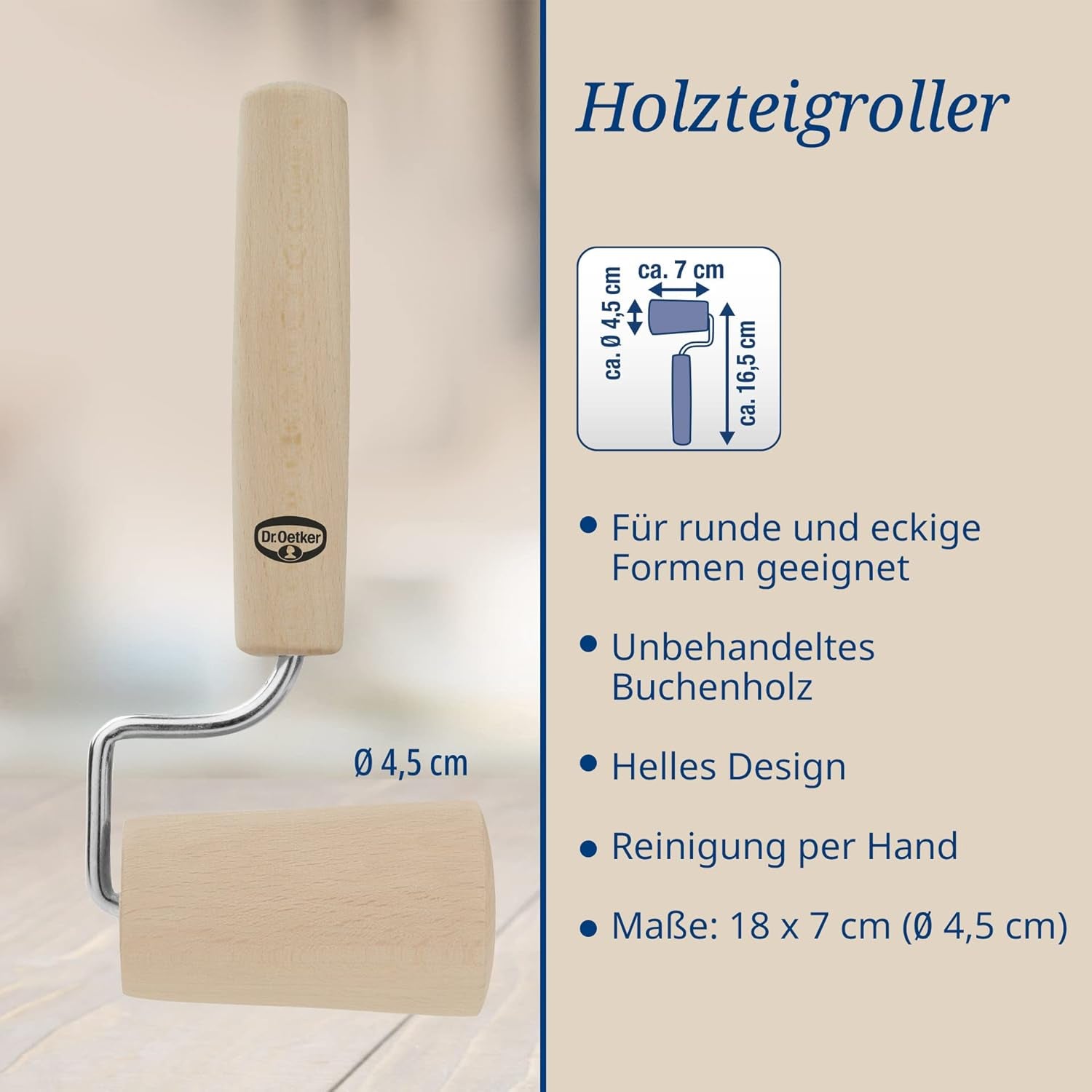 Dr. Oetker Teigroller aus Holz – Teigrolle aus high-quality Buchenholz – Perfekt für round und eckige Formen – approx. 18 x 7 cm, Rolle Durchmesser ca. 4.5 cm