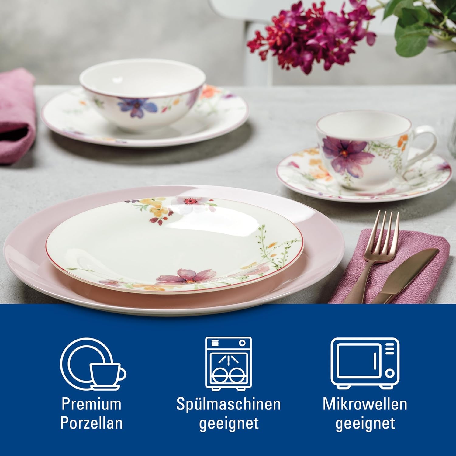 Villeroy & Boch - Set de început Mariefleur, culori asortate, potrivit pentru mașina de spălat vase, potrivit pentru cuptorul cu microunde, set de veselă pentru 2 persoane, set de veselă cu decor floral, veselă, tacâmuri, set combinat, porțelan premium