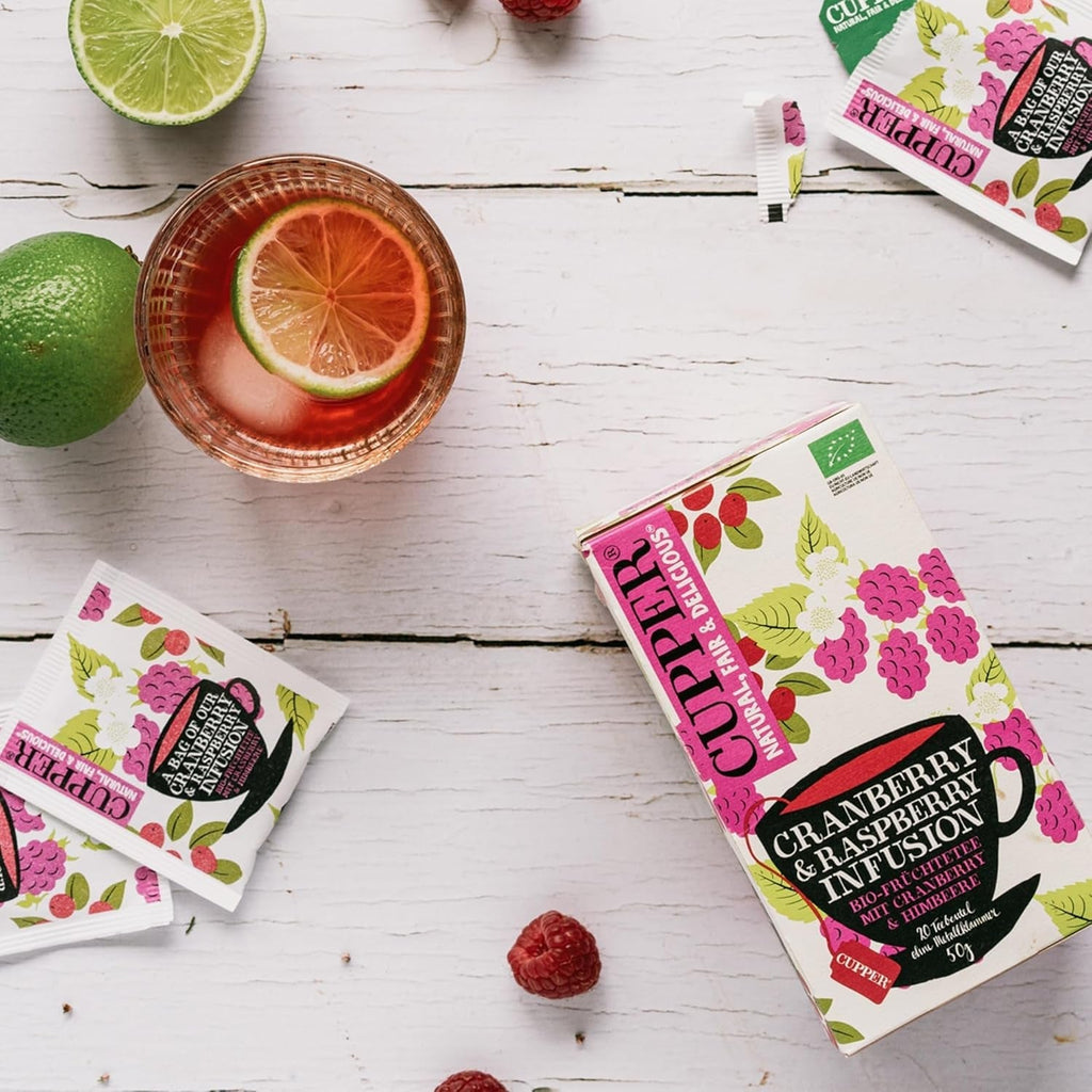 4Er Pack CUPPER Ceai de fructe bio „Cranberry &amp; Raspberry Infusion”, 4X20 pliculețe de ceai nealbe, ecologic, comerț echitabil