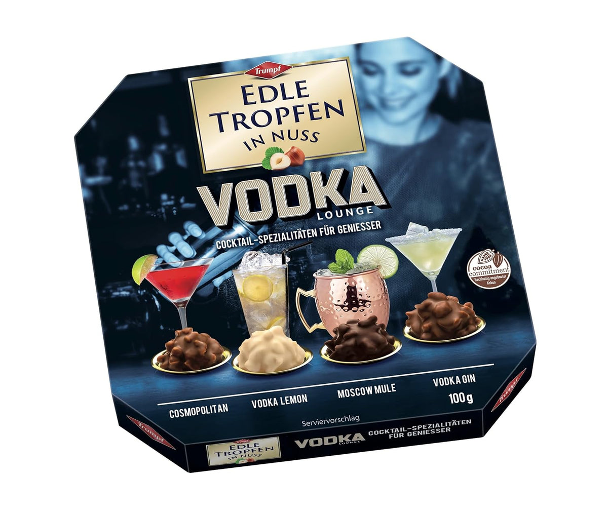 Edle Tropfen in Nuss Vodka Lounge 100g, liquid-filled chocolate pralines with milk chocolate glaze and crunchy pieces of hazelnut