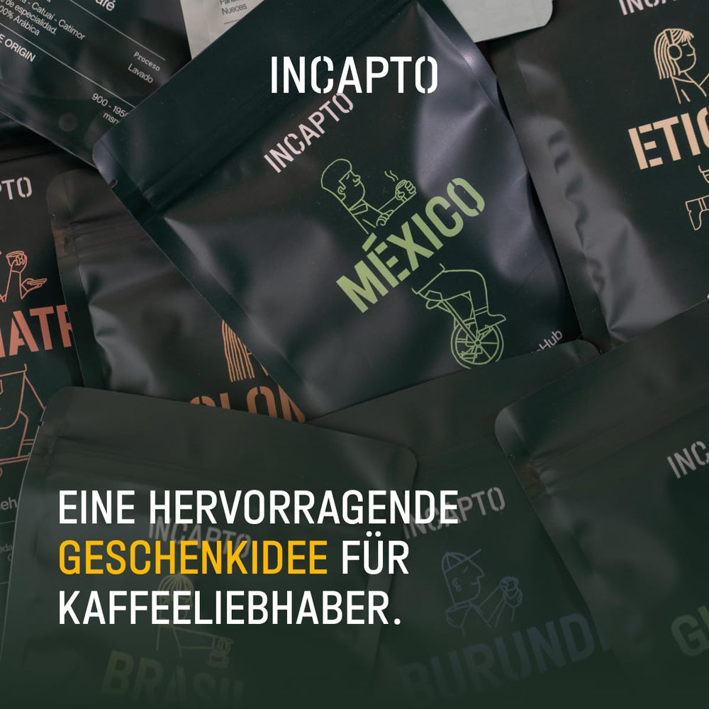 Selecție de boabe de cafea Incapto la nivel mondial | Selecție de 10 origini din întreaga lume | Cafea de specialitate | 100% Arabica | Ideal ca set cadou de cafea | Pentru iubitorii de cafea | 10 pachete x 100g