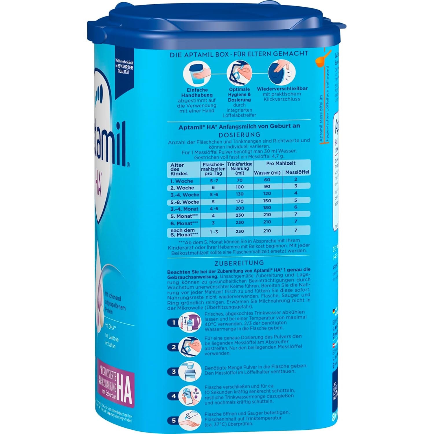 Aptamil HA 1 – Anfangsmilch von Geburt an, Mit DHA, Nur Lactose, Ohne Palmöl, Babynahrung, Milchpulver, 1x 800 g (Packung mit 4)
