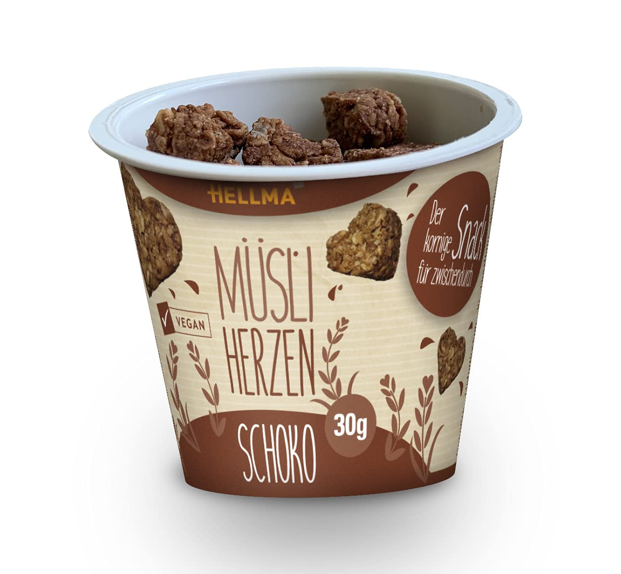 HELLMA Hearts with Muesli and Chocolate - 18 servings, 30 g each - Oatmeal covered with chocolate in the shape of a heart, takeaway cups