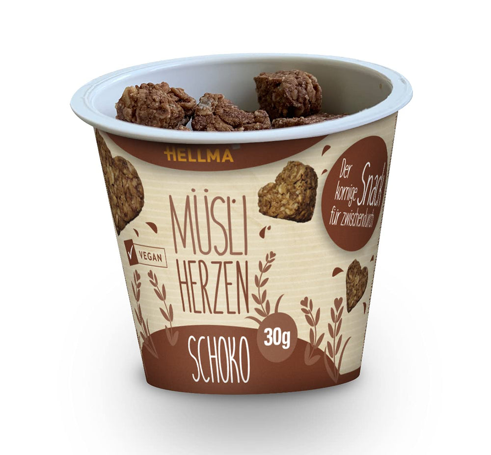 HELLMA Hearts with Muesli and Chocolate - 18 servings, 30 g each - Oatmeal covered with chocolate in the shape of a heart, takeaway cups