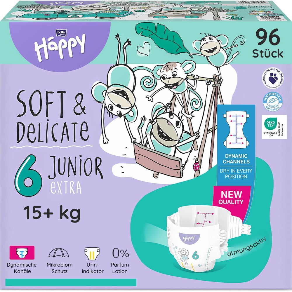 Bella Baby Happy Premium Diapers, Size 6, Junior Extra, 15+ kg, 96 pieces, DERMATEST and OEKO-TEX Seal, Disposable Baby Diapers