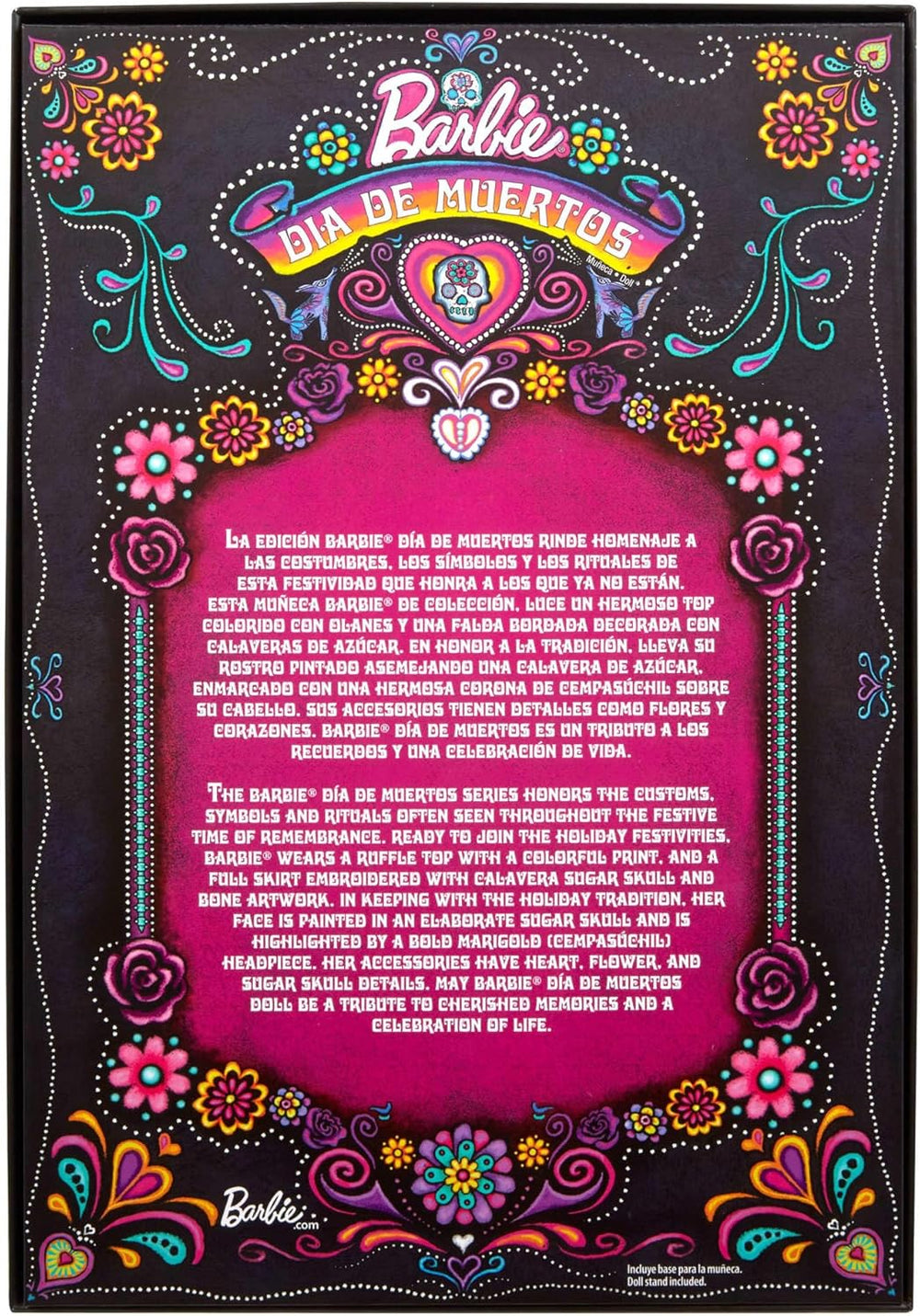 Păpușa Barbie Signature, figurină de colecție Día De Muertos 2024 cu rochie neagră și top albastru cu volane, imprimeu brodat și accesorii colorate, HRM72