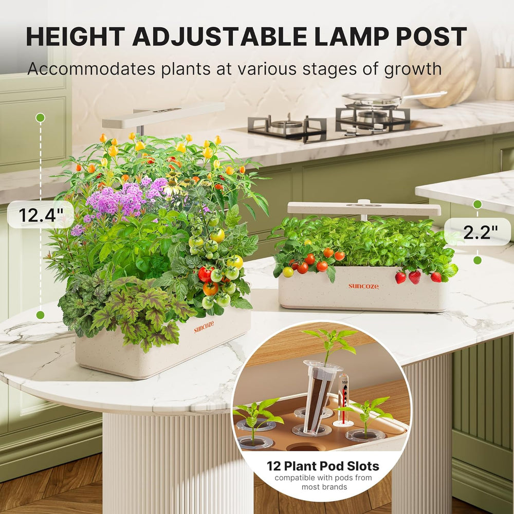 12 Capsules Hydroponic Grow System Kit, 24W LED Indoor Garden Lamp, 4L Water Tank with Silent Pump, Height Adjustable Herb Planter, Indoor Gardening Kit, Gardening Gifts, Beige