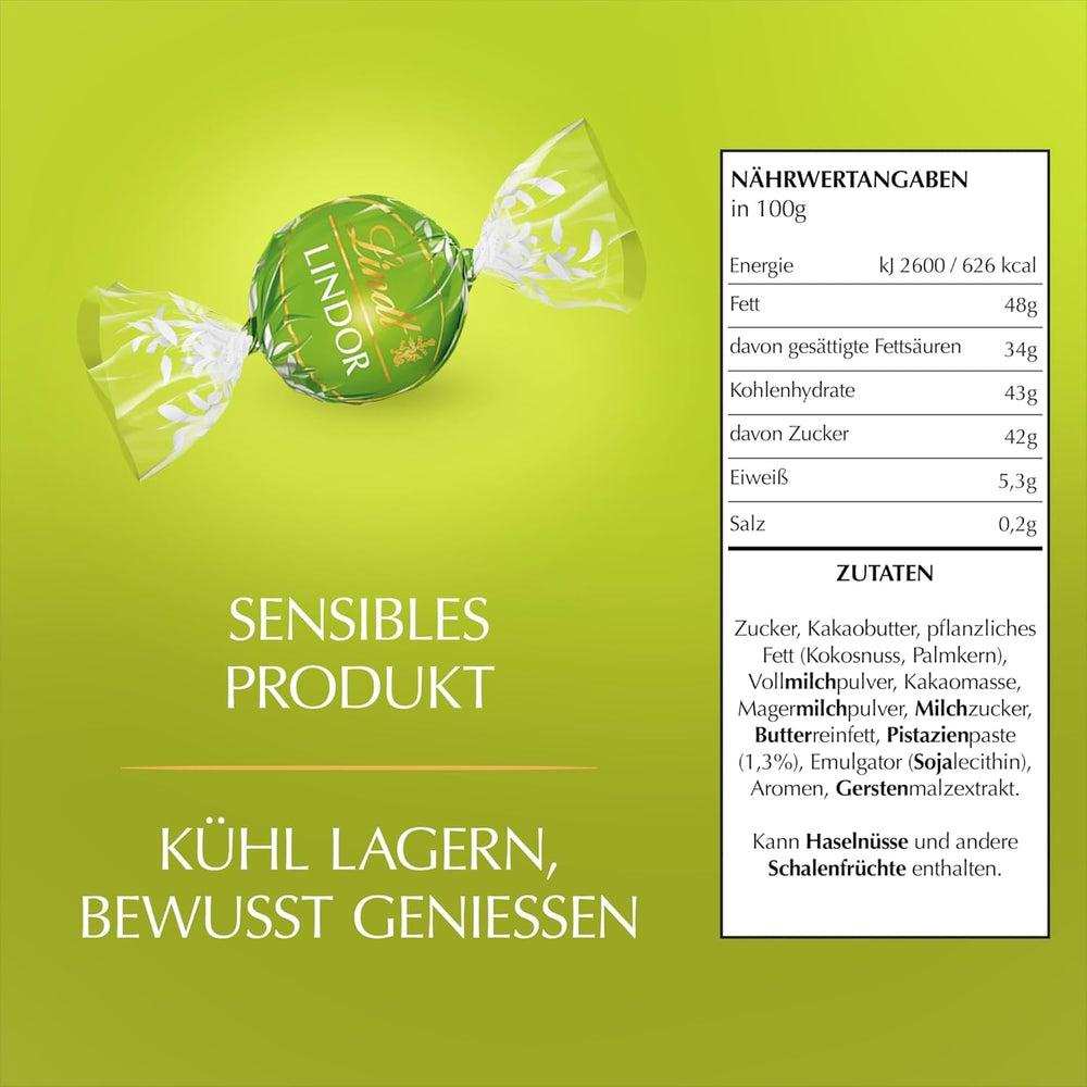 Lindt LINDOR Chocolate with Pistachio | 1 kg resealable bag | approx. 80 Milk Chocolate Balls with Melt-in-the-Mouth Pistachio Cream Filling | Bulk package, praline gift