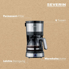 Espressor compact SEVERIN, cafea aromată cu aparatul de cafea pentru până la 4 cești, espressor cu filtru și filtru oscilant permanent, oțel inoxidabil/negru, KA 4808