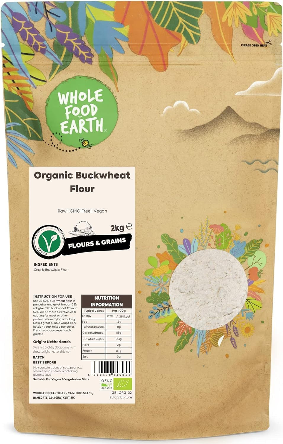 Wholefood Earth organic buckwheat flour 1kg | Cruel | Non-GMO | Vegan | Certified organic