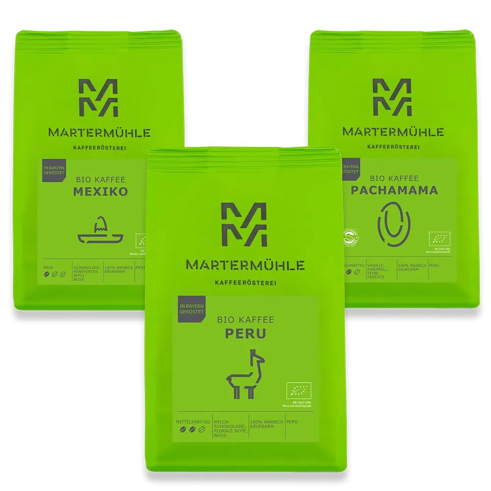 Set mostre boabe de cafea organică Martermühle 3x250g tărie ușoară/medie I Arabica I Boabe întregi de cafea organică prăjite ușor, aciditate scăzută (68/74/426)