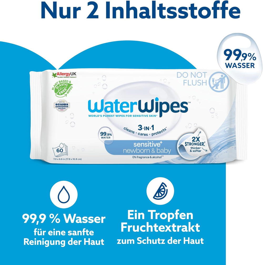 WaterWipes Sensitive+ Wet Wipes for Newborns and Babies, 360 Pieces (6 Pack), 3-in-1 Cleaning, Care, Protection, 99.9% Water, Fragrance Free