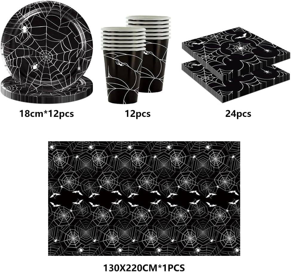 Set de tacâmuri din hârtie cu păianjeni de Halloween, format din 49 de piese, inclusiv farfurii, șervețele, pahare și față de masă. Set de tacâmuri negre pentru petrecere, cu farfurii de desert, șervețele și pahare.