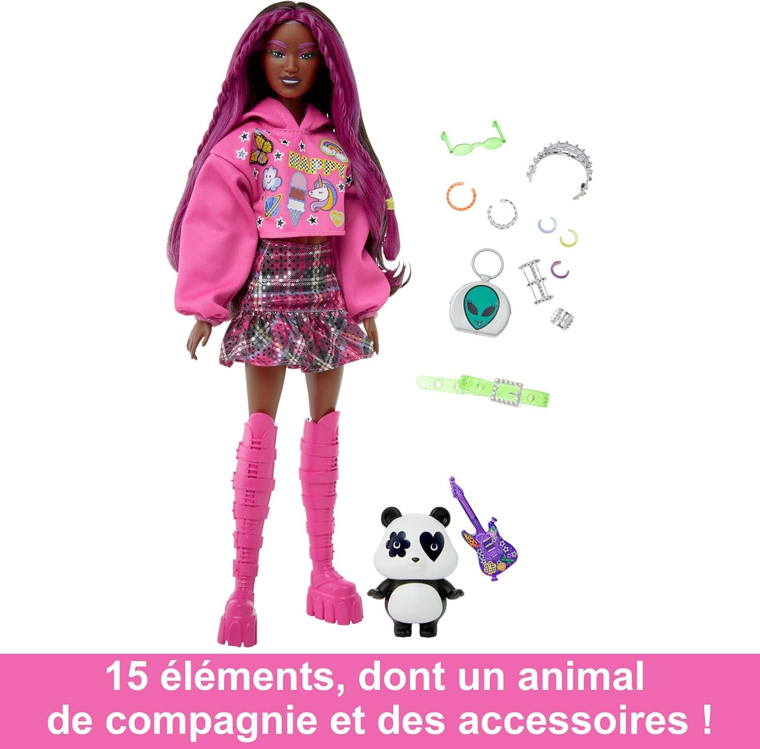 Barbie Extra, Schwarze schwarzem Haar und rosa Strähnchen, Rockstar Pandabär, Sonnenbrille, rosa Stiefel, Alien-Tasche, Aufkleber, inkl Puppe, Geschenke für Kinder ab 3 Jahren,HKP93