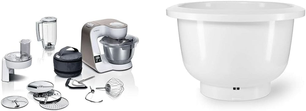 Bosch Series 4 MUM5X720 food processor, integrated scale, stainless steel bowl 3.9L, mixer 1.25L, 1000W Accessories Food and Breastfeeding Baby Naty Shop Package with mixing bowl Champagne White 2 accessories