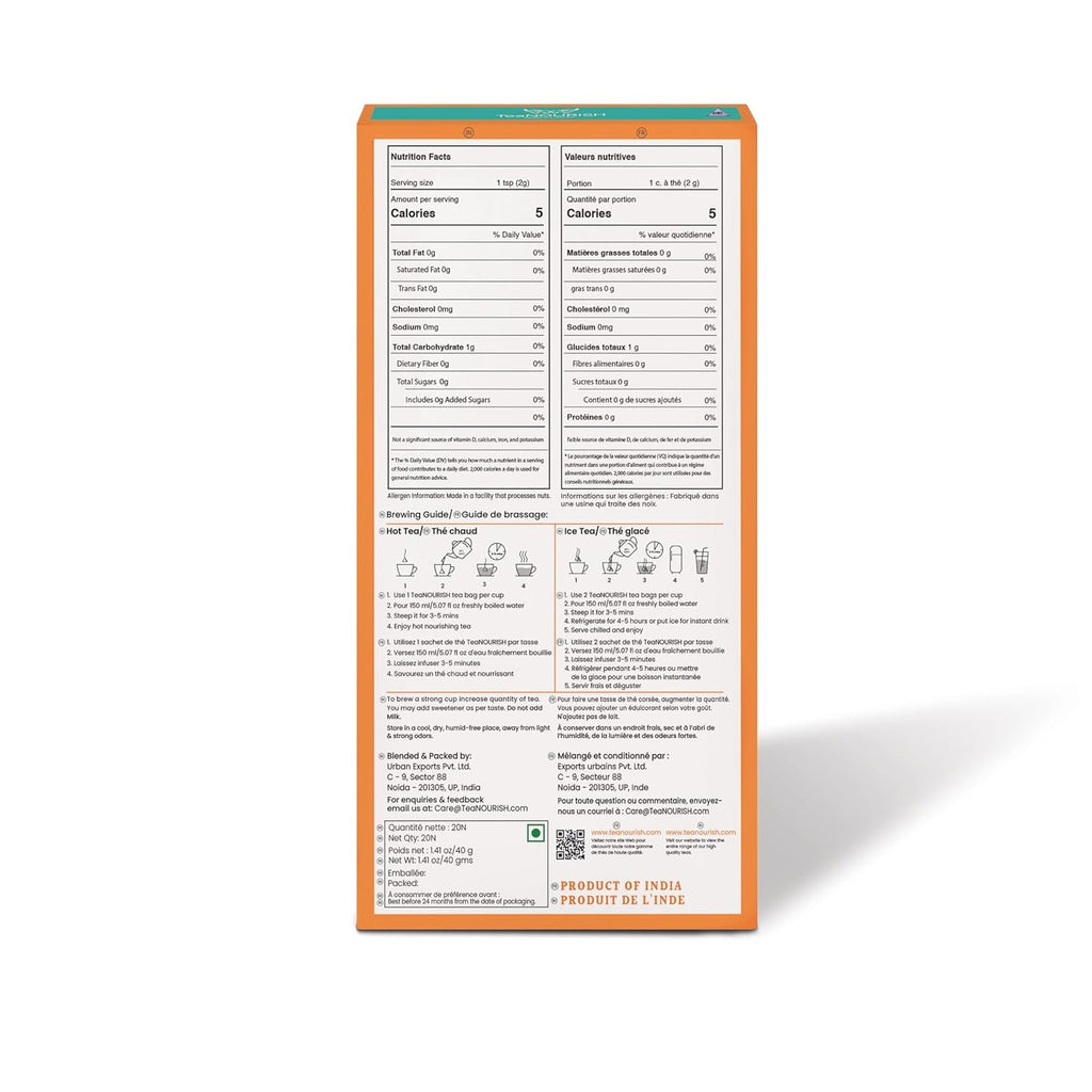 Teanourish Ghimbir Tulsi Ceai verde | 20 pliculețe de ceai piramidale | Darjeeling frunze întregi | Superalimente indiene Ghimbir, Tulsi &amp; Lemn dulce | Ameliorează stresul și favorizează digestia