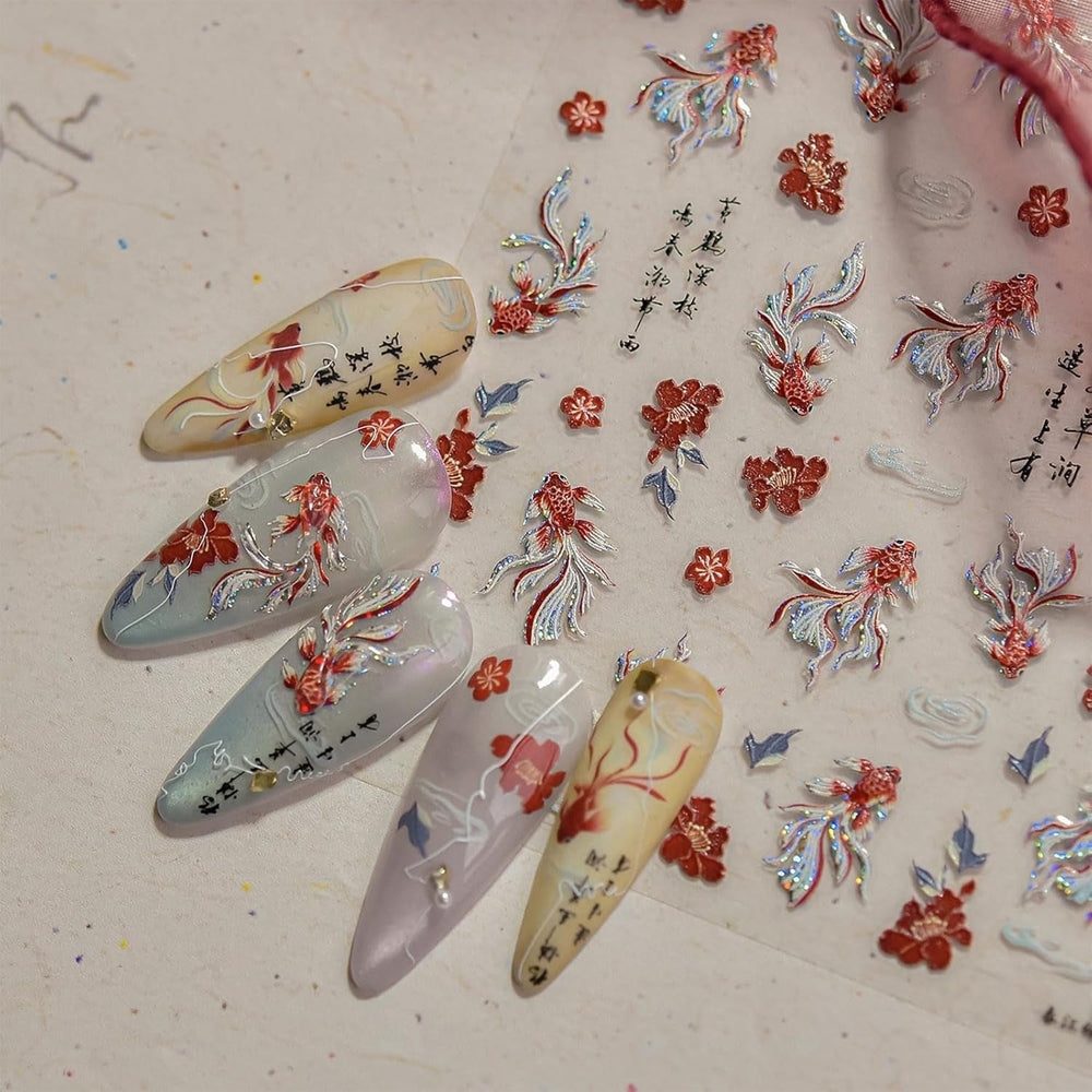 JMEOWIO 3D Nagelsticker Koi Fisch Nail Art Sticker Selbstklebend Nagelaufkleber 5D Stereoskopisch Dekoration Nageldesign Zubehör 1 Blatt