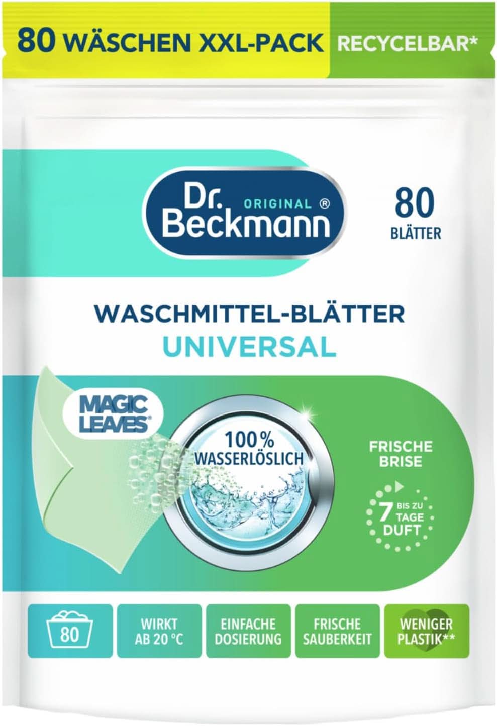 Detergent sheets Dr Beckmann MAGIC LEAVES COLOR | Pre-dosed and water-soluble wash sheets | Space saving and easy to use | 25 sheets Naty Shop Laundry Detergent 80 pieces Universal