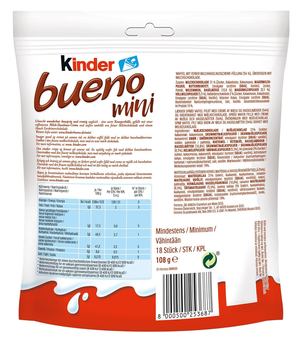Kinder Bueno Mini - Crunchy Wafer Chocolate Bars, Milk Cream and Hazelnuts and Fine Milk Chocolate - Carnival Treats - 1 Bag of Mini Individually Wrapped Bars (1 x 108g)