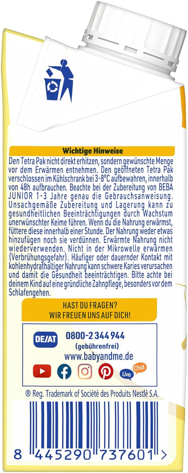 BEBA Junior Ready-to-Drink Milk Drink 1-3 Years, With HMO, Age Appropriate Protein Content, Palm Oil Free, Fish Oil Free, Toddler Food, Pack of 6 (6 x 200ml)
