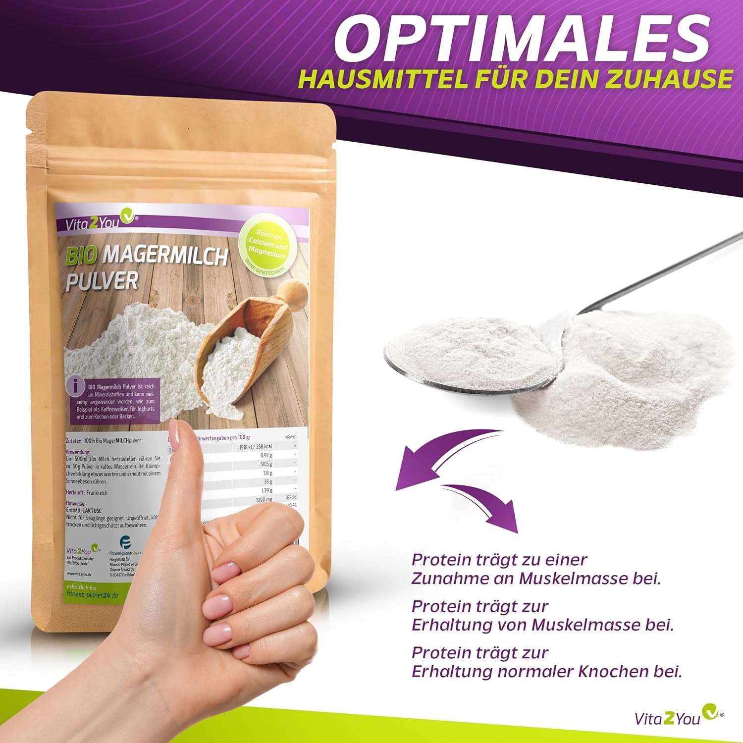 Vita2You Bio Skimmed Milk Powder 1000g - 100% Bio Qualität - for baking - Kaffeeweißer - Milchpulver für Joghurts - 1kg - Premium Qualität