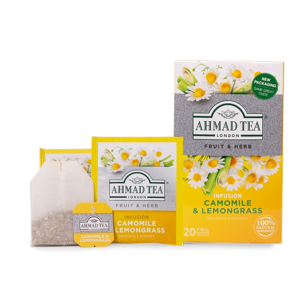 Ahmad Tea - Camomile &amp; Lemongrass - Ceai de fructe și plante fără cofeină - Mușețel și lemongrass - Pliculețe de ceai ambalate individual, sigilate pentru păstrarea aromelor, cu 2 g de ceai per porție - 20 pliculețe de ceai cu bandă