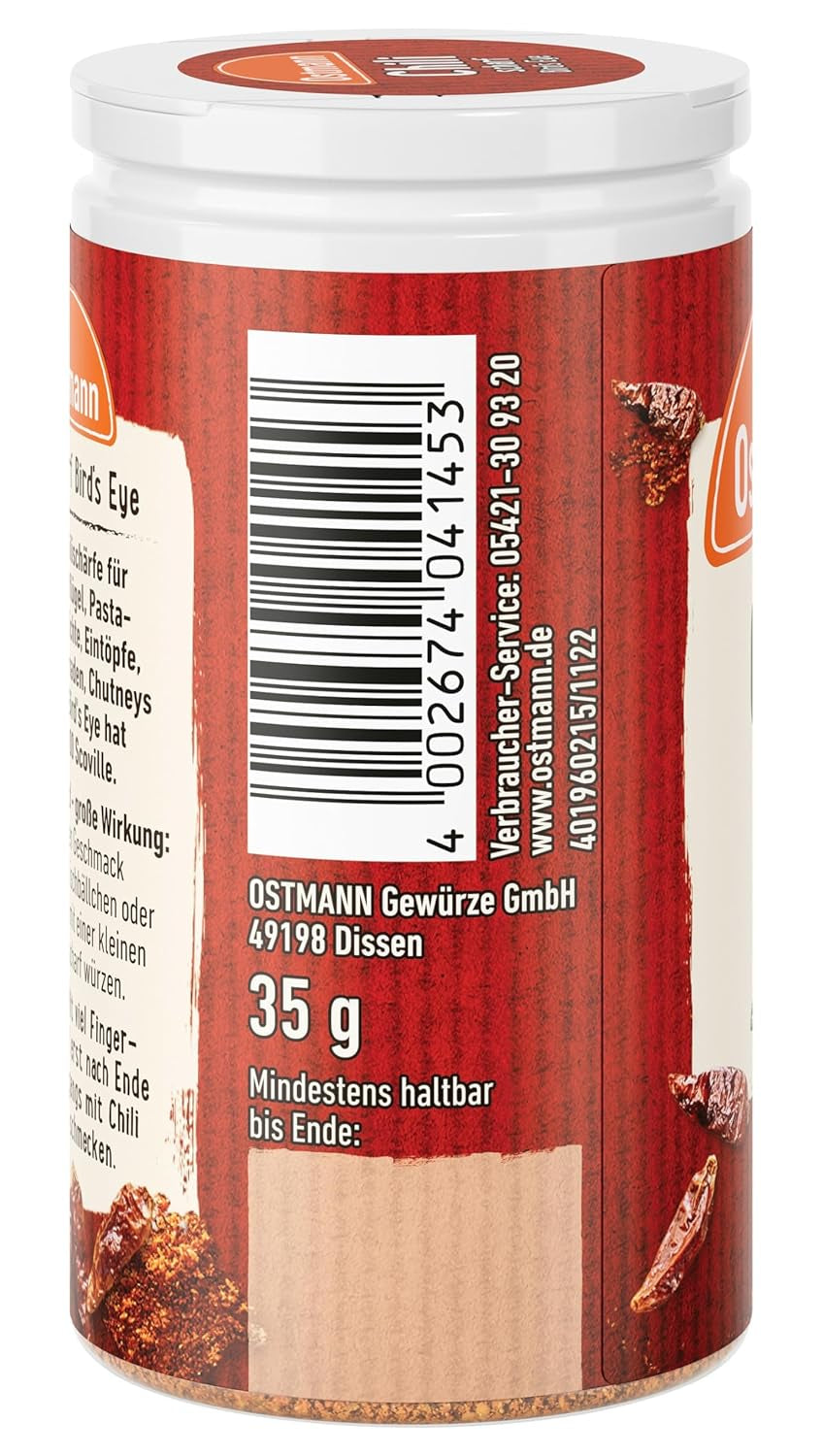 Ostmann Gewürze - Chili scharf Bird's Eye | Féurige Scharfe für Fleischgerichte und Eintöpfe | 35 g in Der Streudose