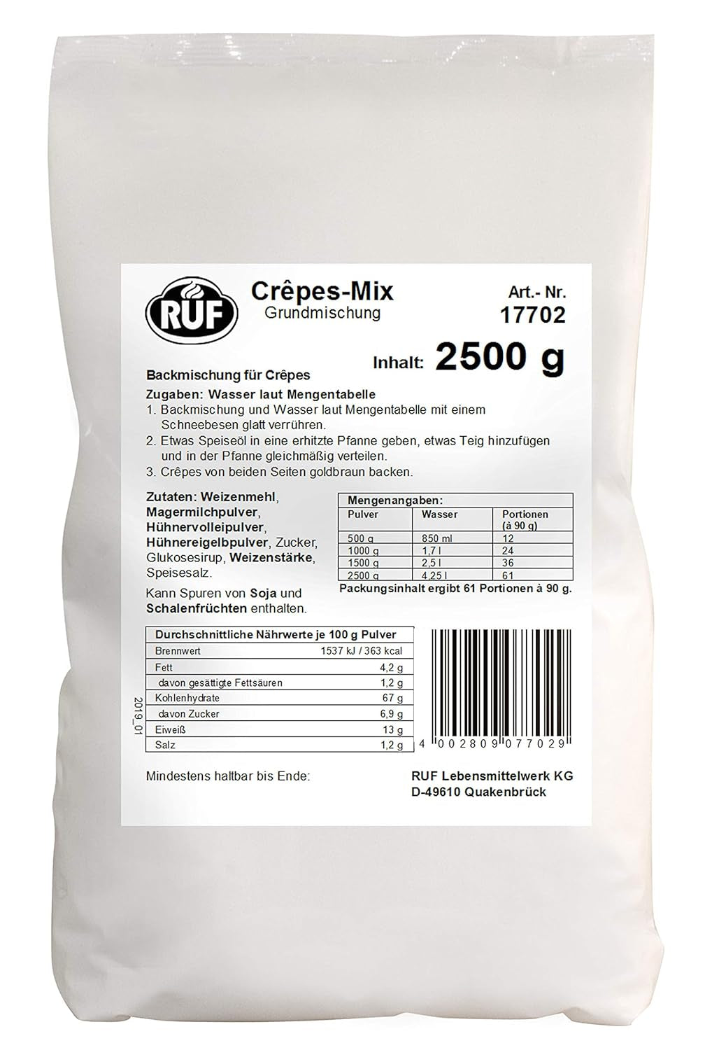 RUF Waffel-Mix, Großpackung, Grundmischung Zur Herstellung Von Waffeln Im Waffeleisen, Für Großküchen, Kantinen, Hotels Und Restaurants, 1 X 2500G Mix for baking and cooking Naty Shop Crêpesteig Single