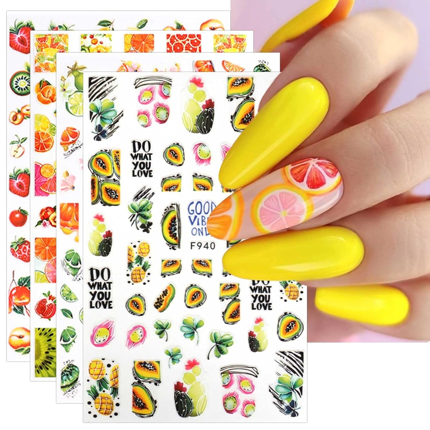 JMEOWIO Nagelsticker Sommer Frucht 9 Blatt Nail Art Sticker Selbstklebend Nagelaufkleber Zitronen Dekoration Nageldesign Zubehör