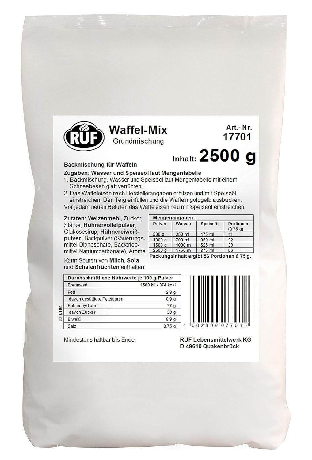 RUF Waffel-Mix, Großpackung, Grundmischung Zur Herstellung Von Waffeln Im Waffeleisen, Für Großküchen, Kantinen, Hotels Und Restaurants, 1 X 2500G Mix for baking and cooking Naty Shop Wafelteig Single