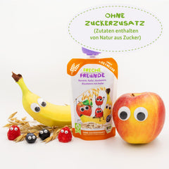 FRECHE FREUNDE Organic Fruit Pouch Banana, Apple, Raspberry, Blueberry with Oats, Fruit Puree with Cereal in a Squeezable Pouch for Babies from 6 Months, Vegan, Pack of 6 (6 x 100g)
