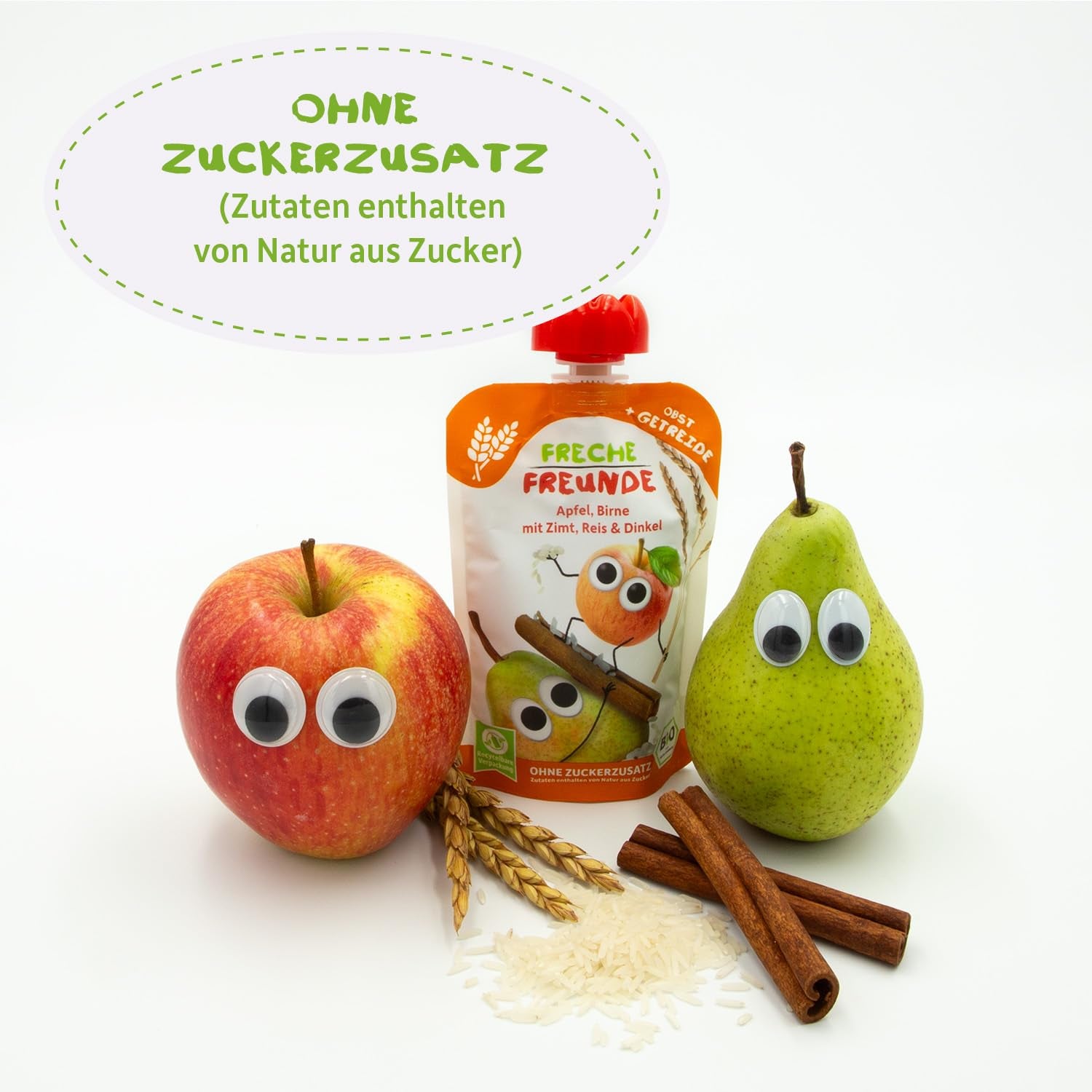FRECHE FREUNDE Organic Squeezable Fruit Pouch Apple Cinnamon Pear Rice Spelled Fruit Puree with Cereal for Babies 6 Months+ Vegan 6 Pack (6 x 100g)