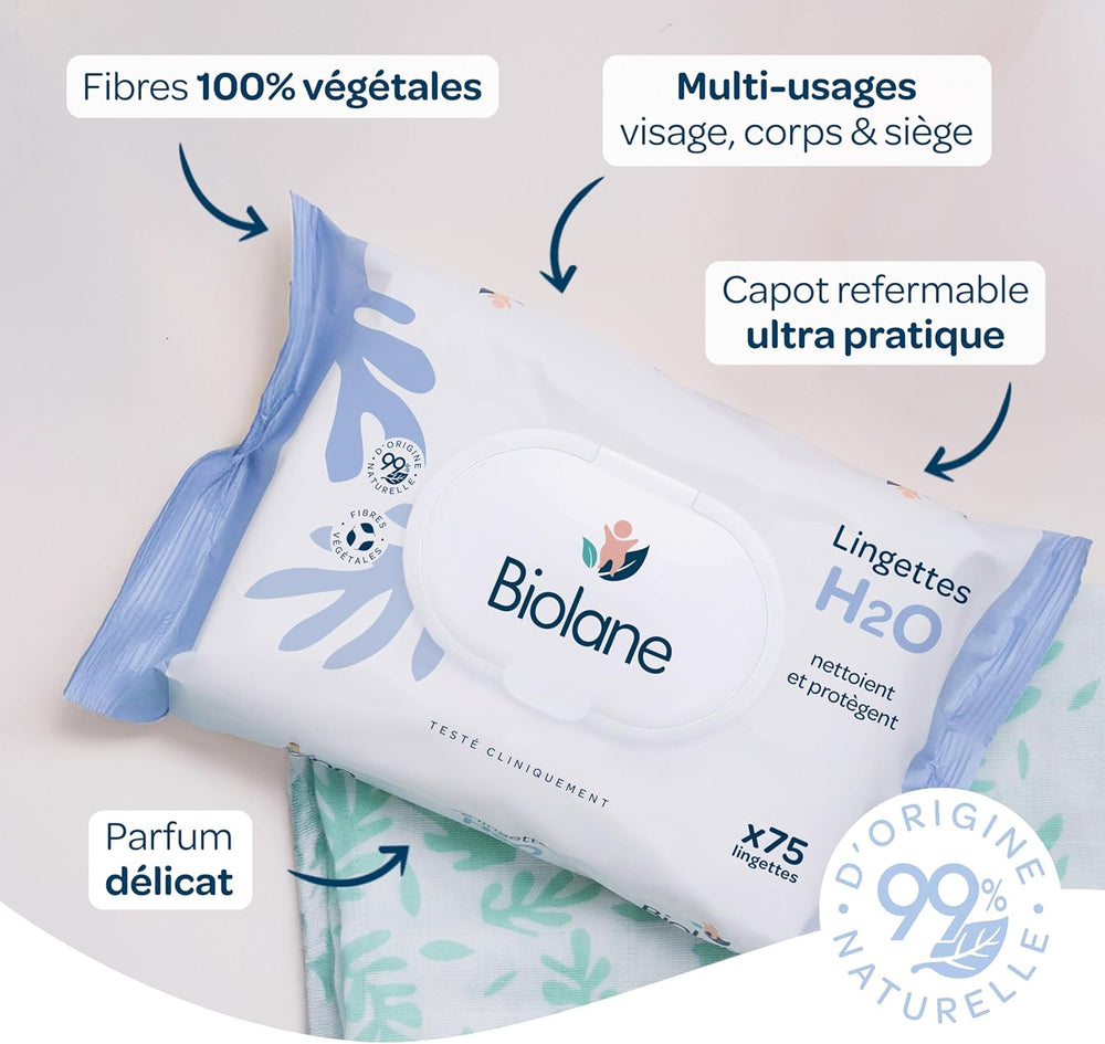 BIOLANE - Baby wet wipes with water - 225 wipes - 3 x 75 pieces - Gentle and effective cleaning - From birth - French quality