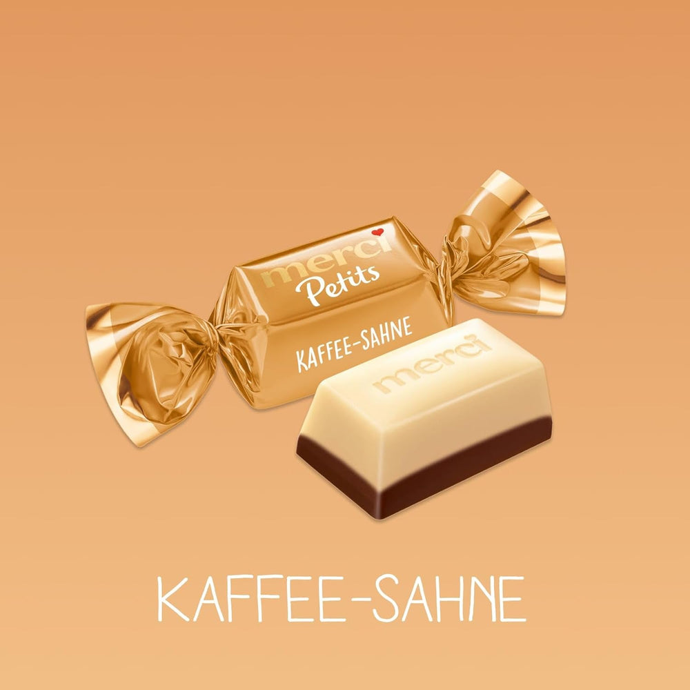 Cremă de cafea Merci Petits – 12 x 125 g – Praline mici de ciocolată albă pe ciocolată fină cu cremă de cafea – Praline de ciocolată ambalate individual