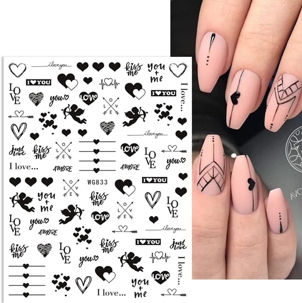 8 Blatt Nagelsticker Valentinstag Nagelaufkleber Selbstklebend Liebhaber Des Schwarzen Herzens Nail Art Sticker Dekoration Nageldesign Zubehör
