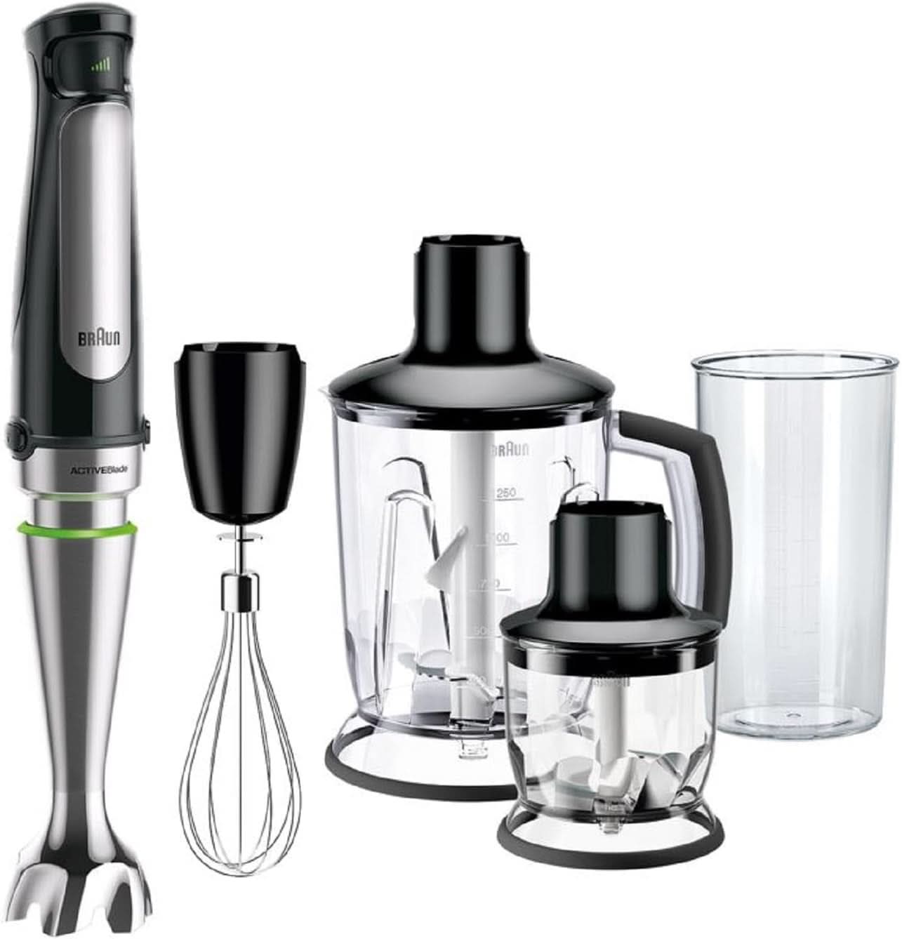 Braun Multiquick 7 MQ 7035X Stabmixer - Pürierstab Mit Abnehmbarem Edelstahl Mixfuß Mit Activeblade Technologie Zum Pürieren Der Härtesten Ingredient, Inkl. 3-Teiliges Zubehör Set, 1000 Watt, Schwarz Kitchen Naty Shop Schwarz Standmixer-Aufsatz