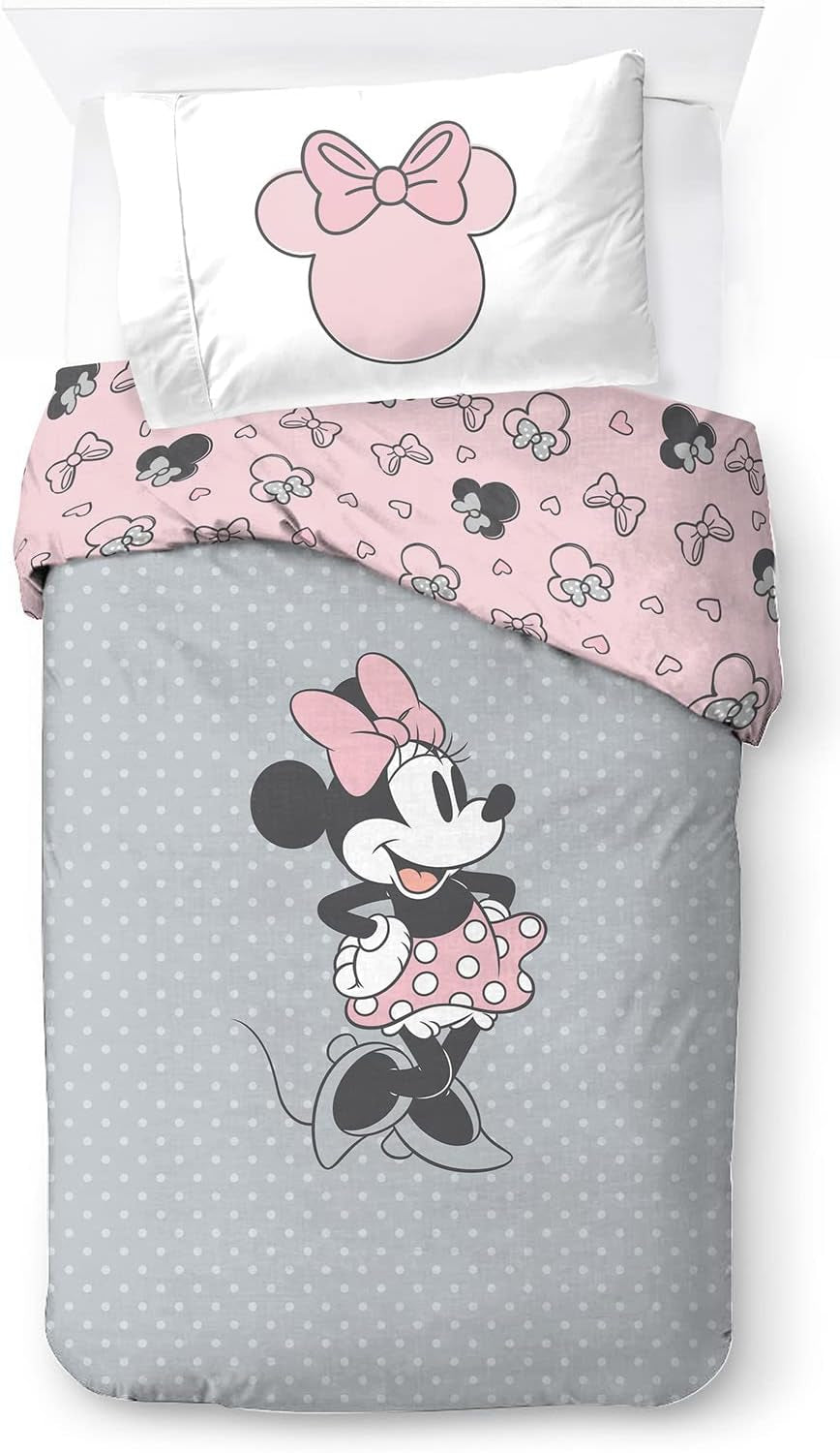 Lenjerie de pat pentru copii, unisex, printese si super eroi, 100% bumbac Lenjerie de pat - copii Naty Shop Gri - Minnie Mouse 135X200/50X70 (2 Piece)