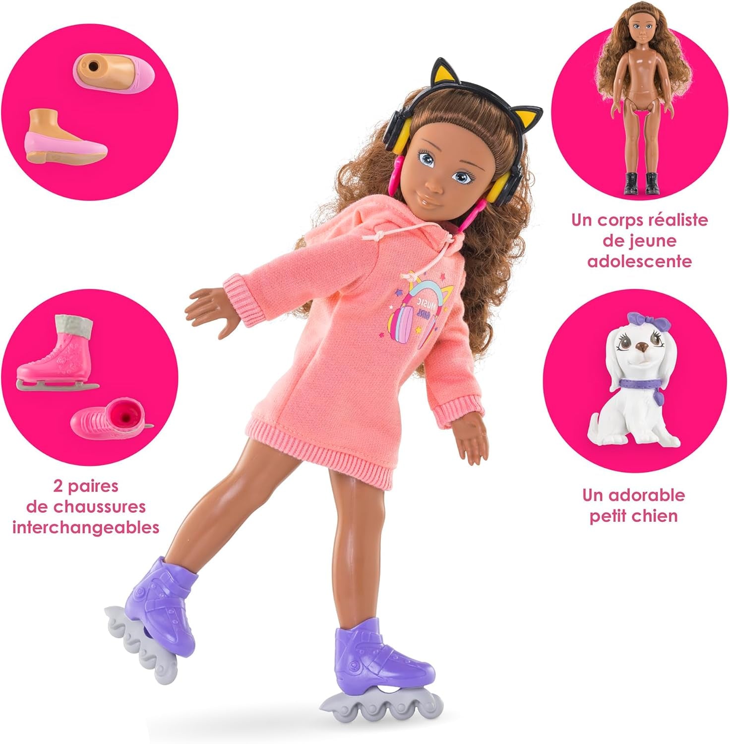 Corolle Girls Melody Music und Fashion Set, Ankleidepuppe im cool Hoodiekleid mit Hund, trendy Kopfhörer, Ohrringe und extra Inlineskates, Vanilleduft, 28cm, ab 4 Jahren