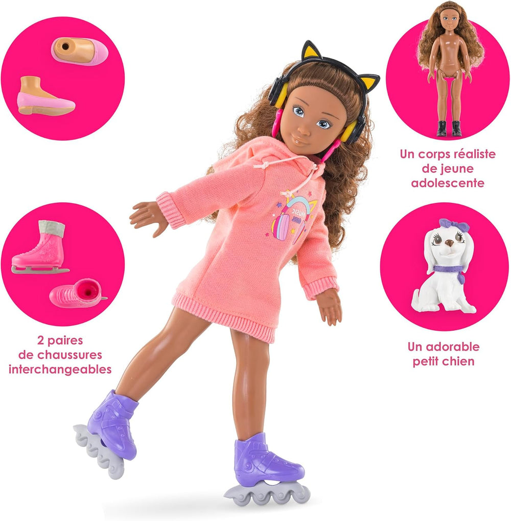 Corolle Girls Melody Music und Fashion Set, Ankleidepuppe im cool Hoodiekleid mit Hund, trendy Kopfhörer, Ohrringe und extra Inlineskates, Vanilleduft, 28cm, ab 4 Jahren