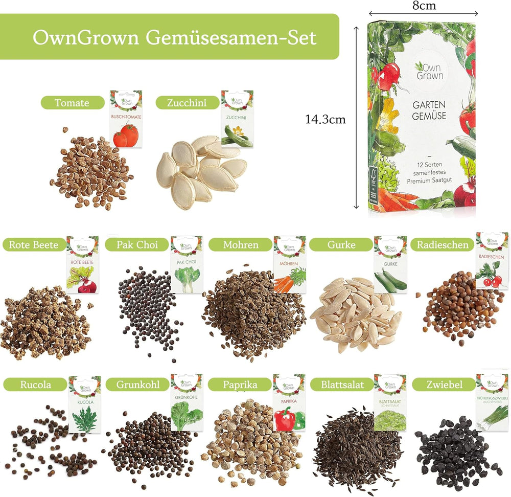 OwnGrown Vegetable Seed Set - 12 Pflanzensemen Sorten für Hochbeet und Garten - Praktische Box mit Gemüsesamen für den Anbau Frischer Ernte zu Hause - Ideal für Gartenliebhaber